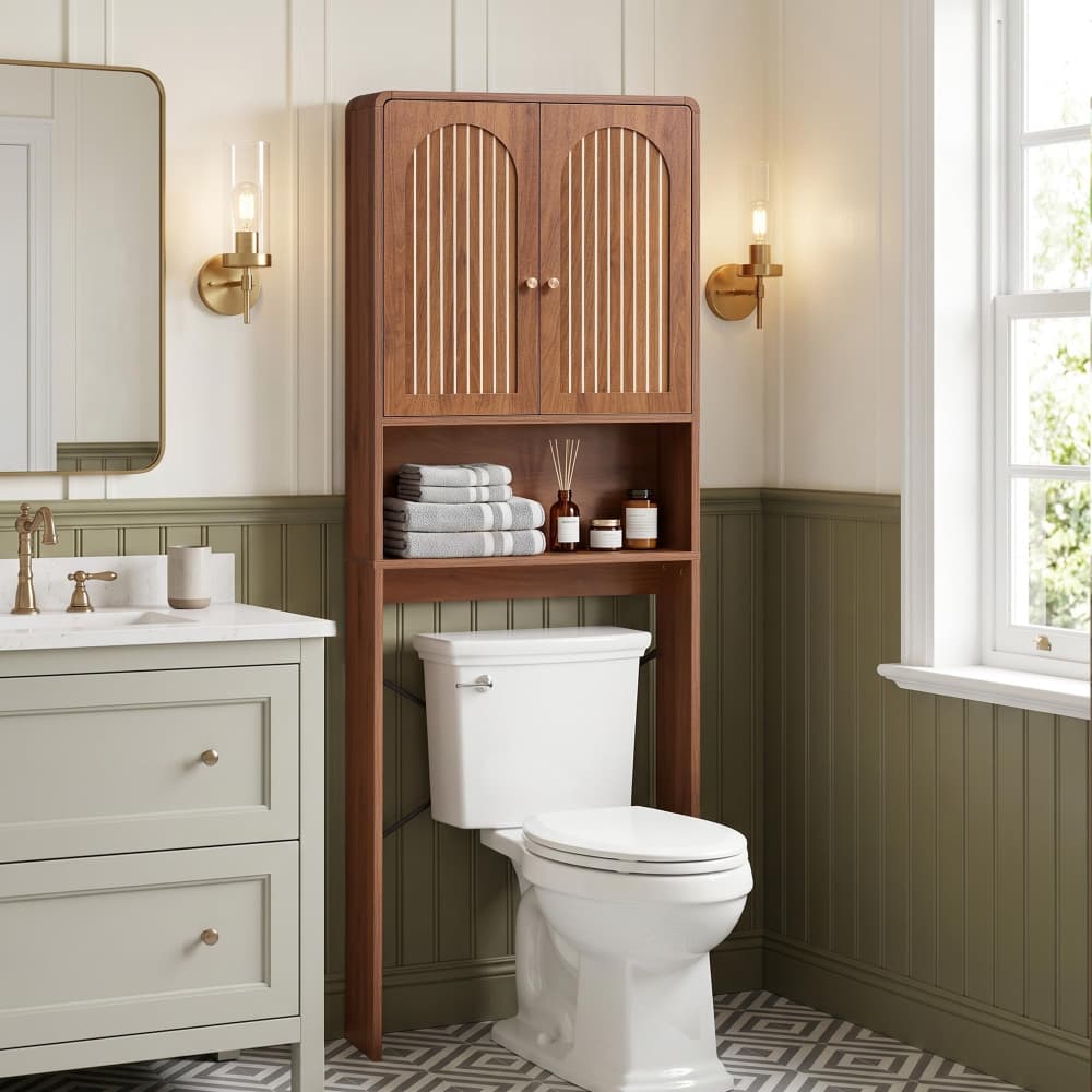 Walnut Mid Century Bathroom Cabinet Over Toilet with Fluted Door and Adjustable Shelves