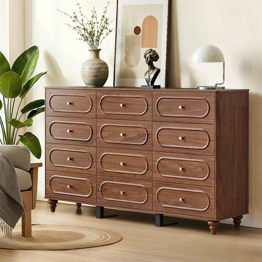 Wooden dresser with decorative items in a room setting