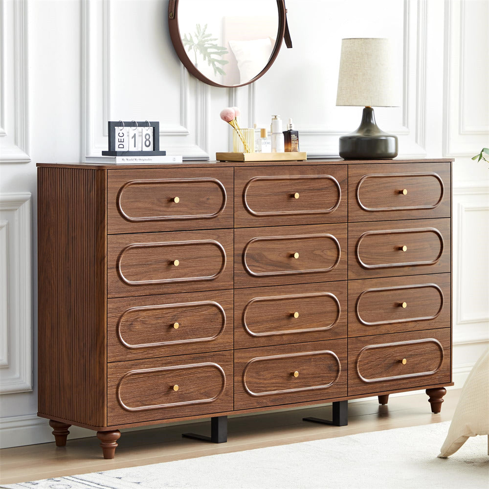 Wooden dresser with multiple drawers in a room setting
