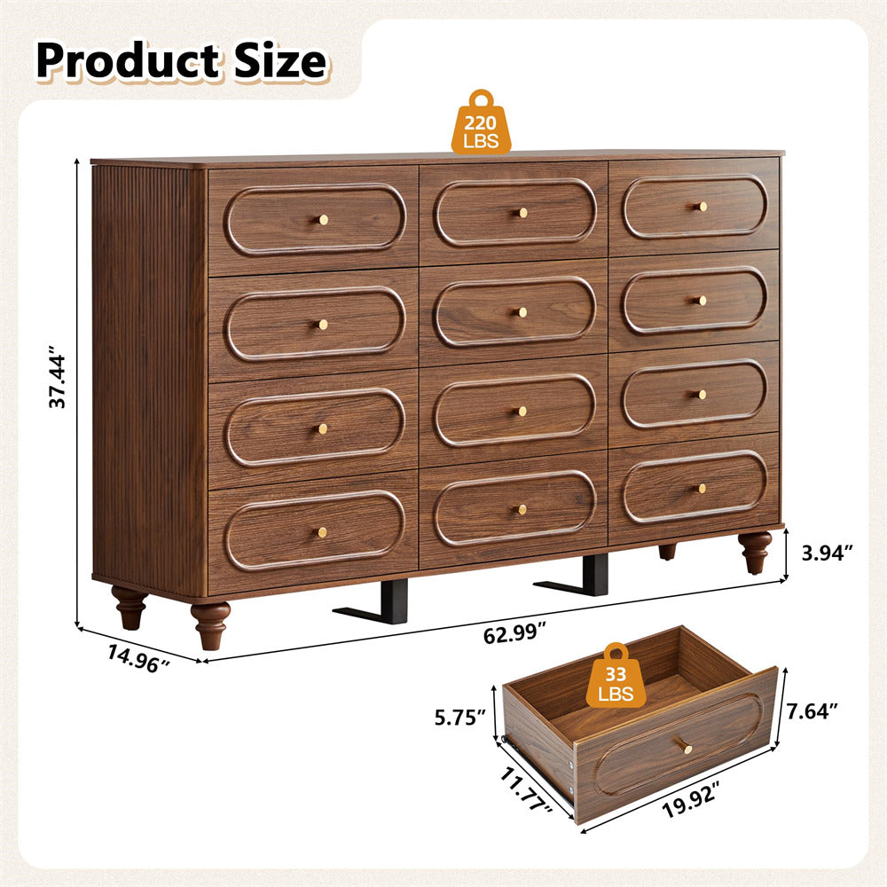Wooden dresser with dimensions and weight indicators on a beige background