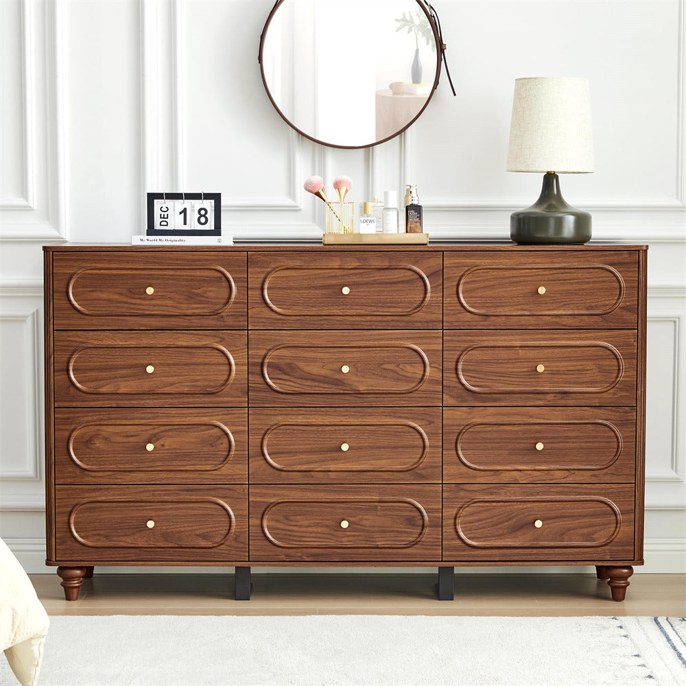Wooden dresser with decorative items in a room setting