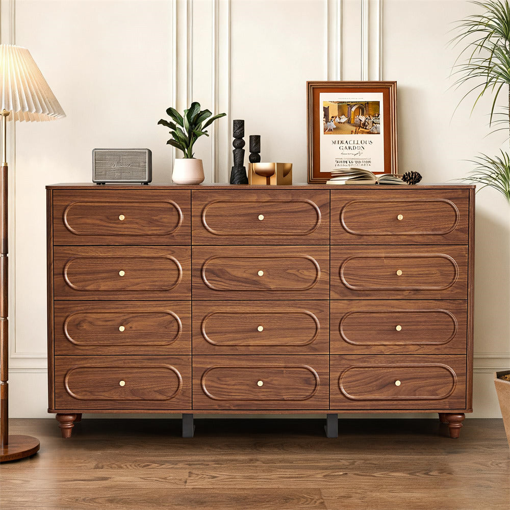 Wooden dresser with decorative items in a room setting