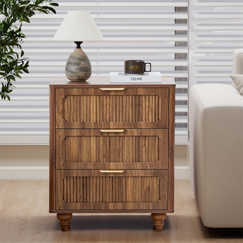 Walnut Mid Century Modern 3 Drawer Dresser Fluted Wood Wide Nightstand