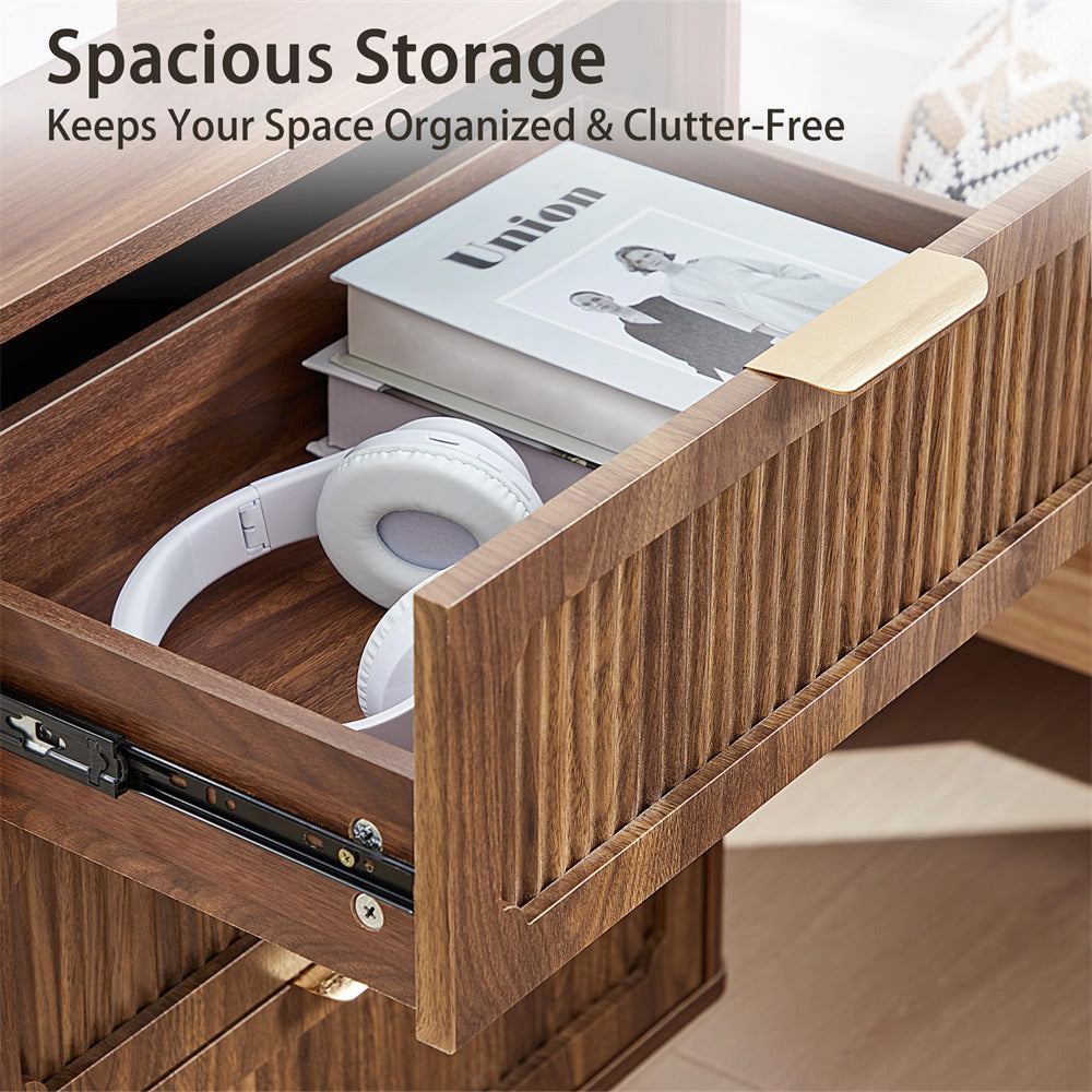 Wooden drawer with books and headphones, text 'Spacious Storage Keeps Your Space Organized & Clutter-Free'.