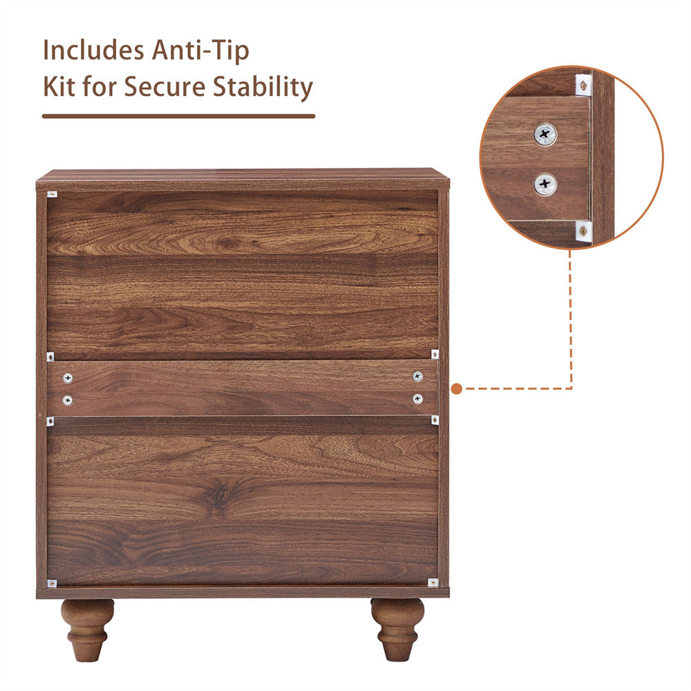 Wooden dresser with anti-tip kit feature on a white background