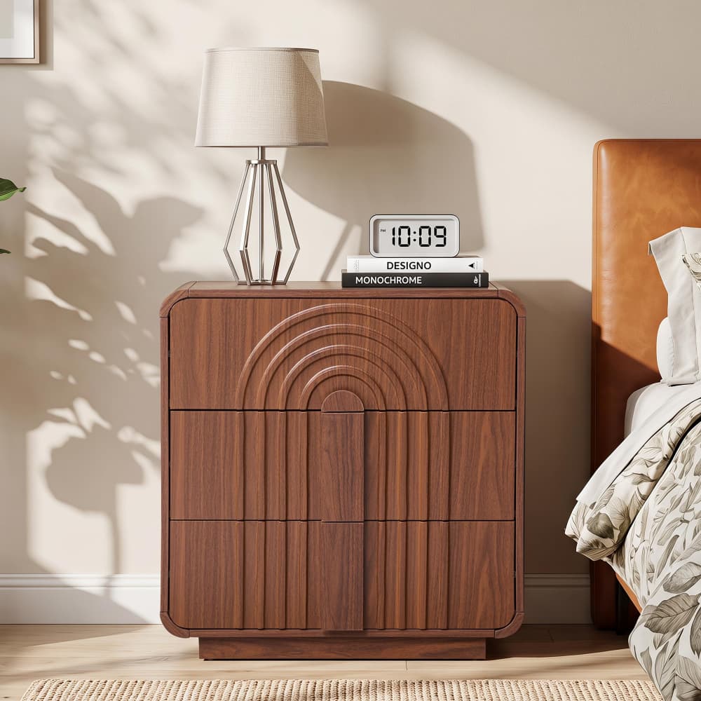 Walnut Mid Century Modern 3 Drawer Dresser with Arched Fluted Design