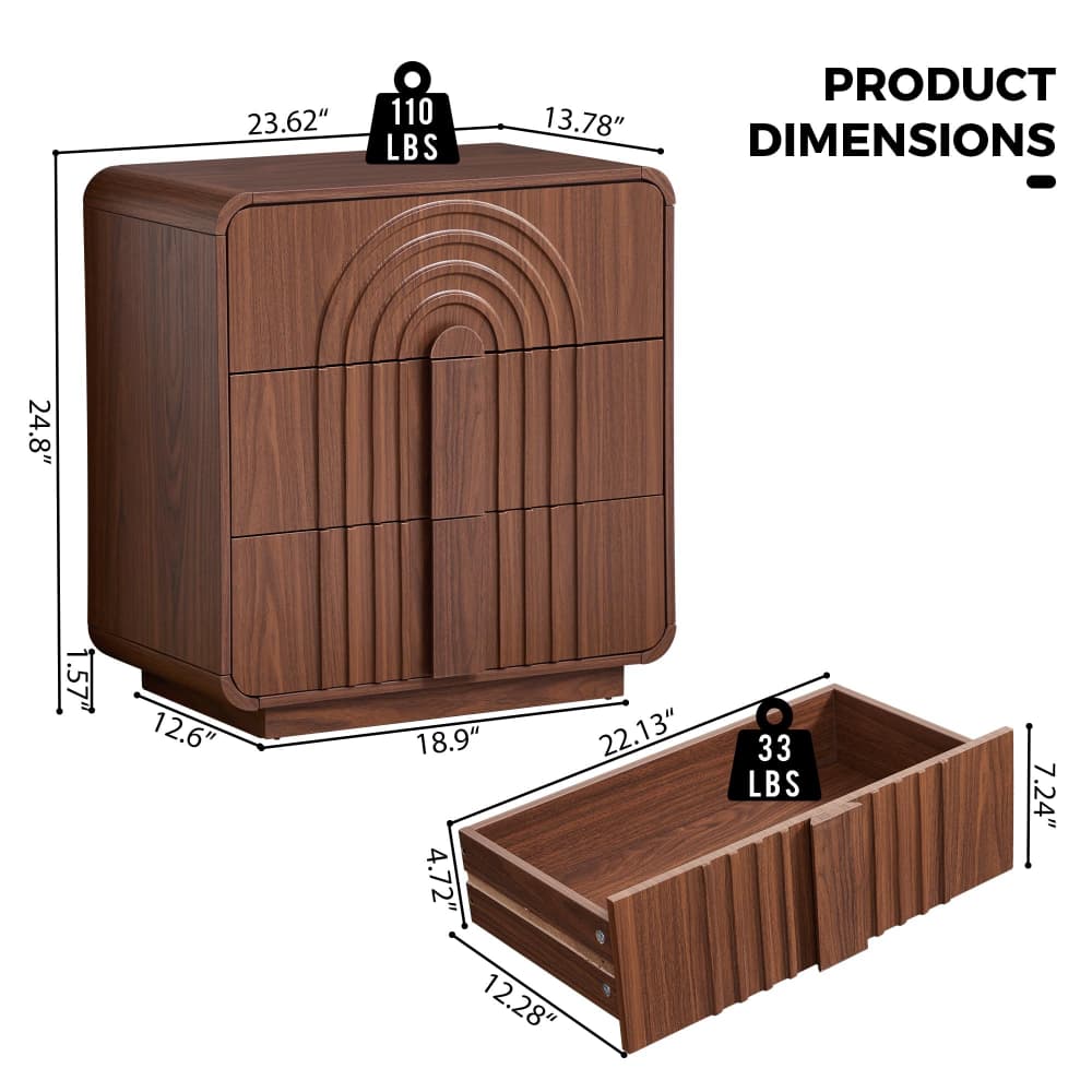 A brown wooden three-drawer cabinet shown with dimension lines and weight labels on a white background, plus an inset view of the open drawer. Text reads 'PRODUCT DIMENSIONS' and '110 LBS' and '33 LBS'.
