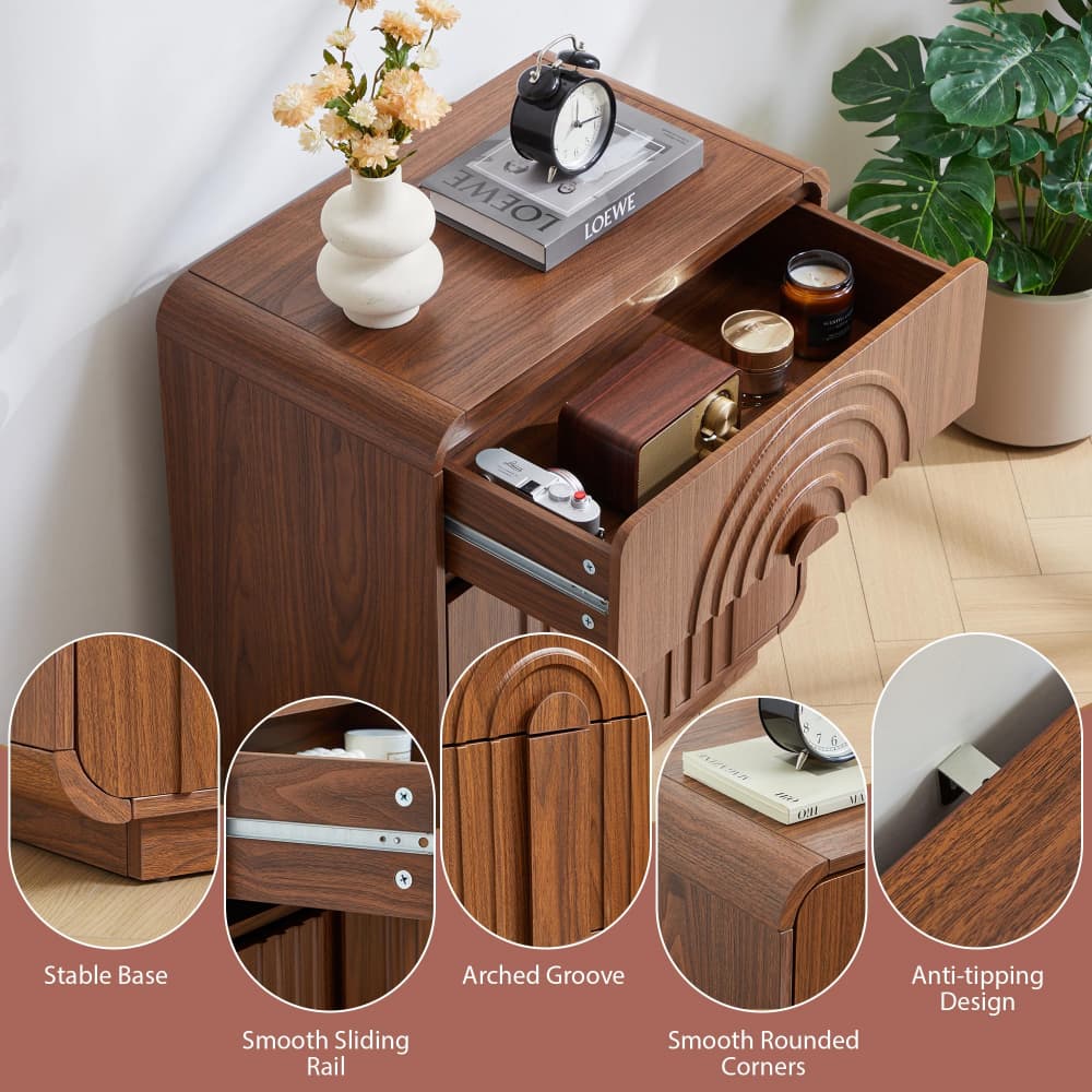 Walnut Mid Century Modern 3 Drawer Dresser with Arched Fluted Design