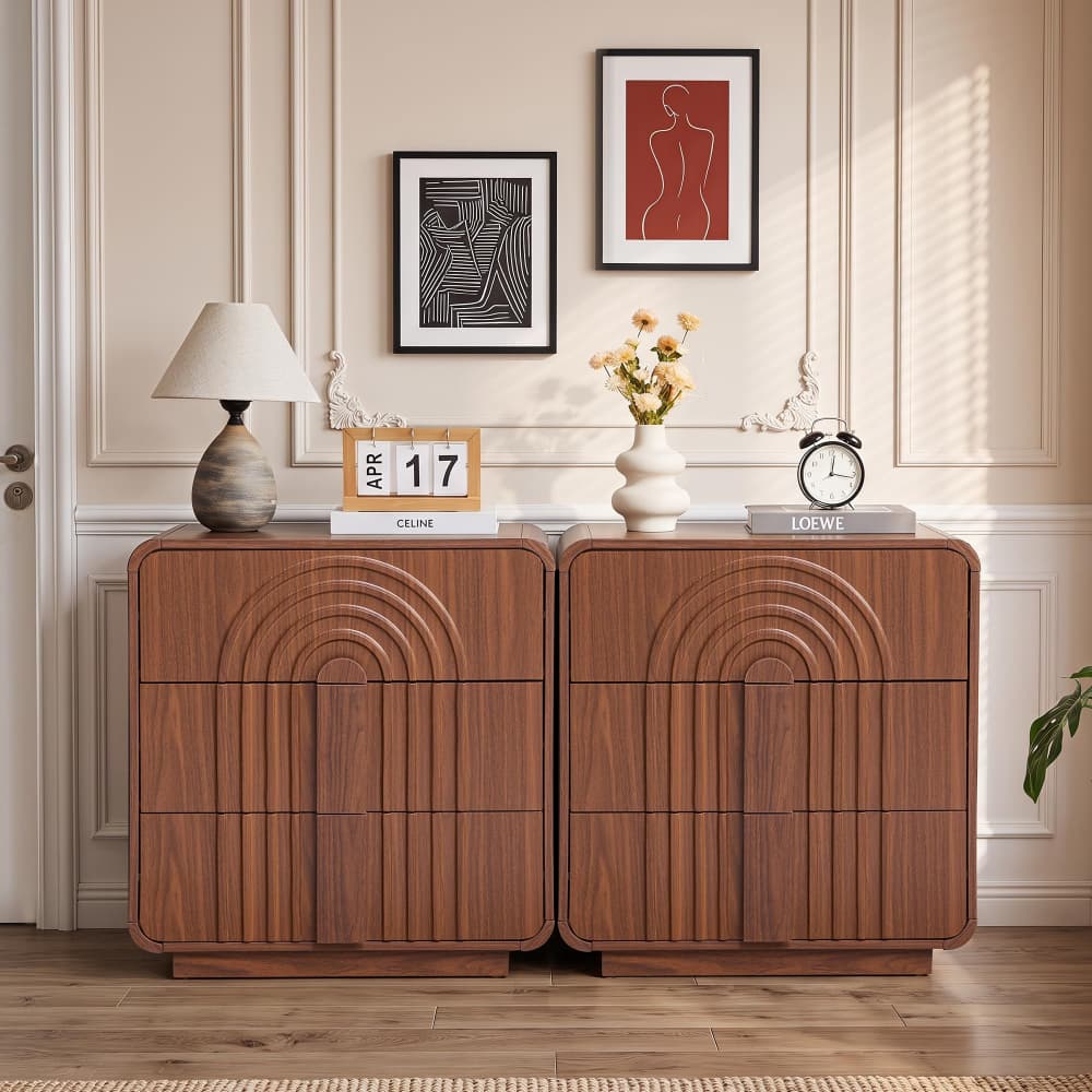 Walnut Mid Century Modern 3 Drawer Dresser with Arched Fluted Design