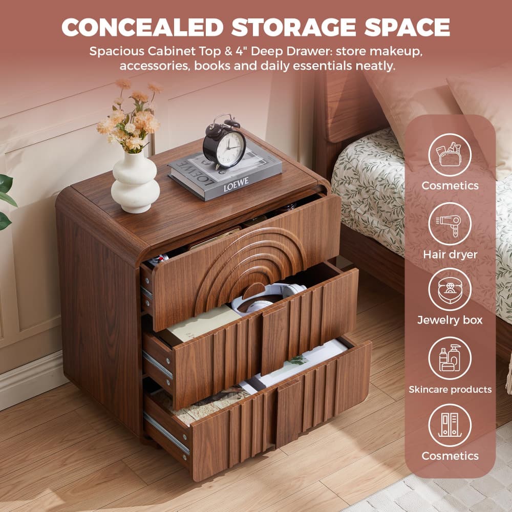 A brown wooden nightstand with multiple drawers and a top surface, shown in a bedroom setting beside a bed. The image includes marketing text reading 'Concealed Storage Space' and a vertical list of storage uses such as cosmetics, hair dryer, jewelry box, skincare products, and cosmetics.