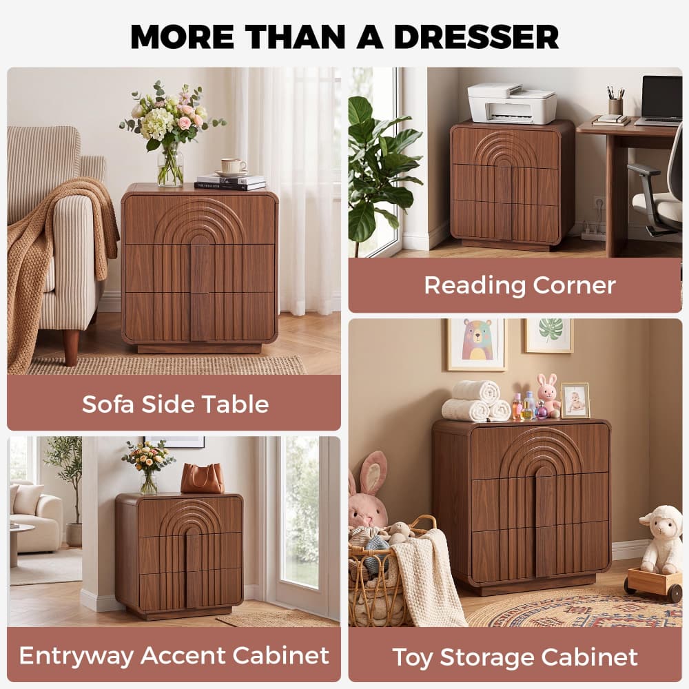 A 2x2 promotional collage showing a brown wooden two-door cabinet styled in four home scenarios: sofa side table, reading corner, entryway accent cabinet, and toy storage cabinet. The top text reads 'MORE THAN A DRESSER'.