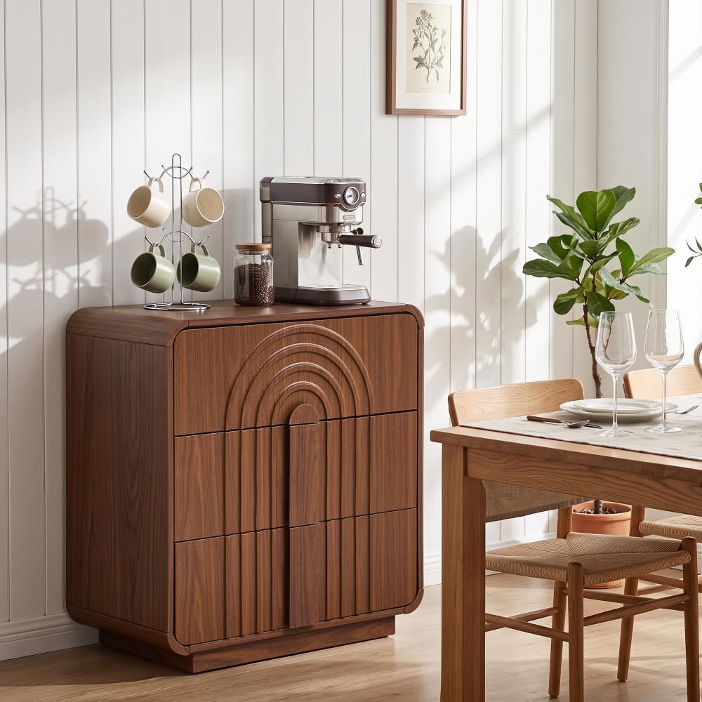 Walnut Mid Century Modern 3 Drawer Dresser with Arched Fluted Design