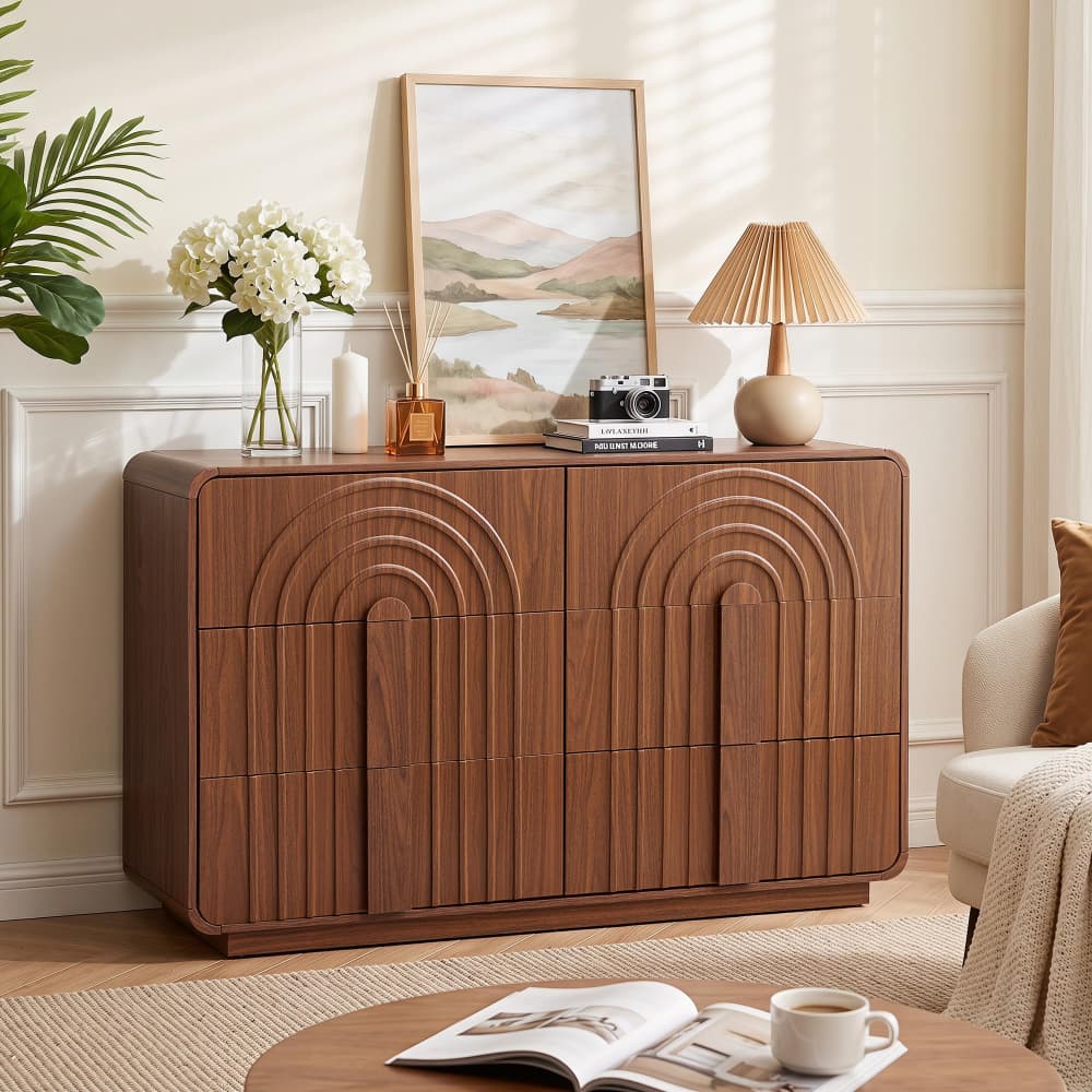 Walnut Mid Century Modern 6 Drawer Dresser with Arched Fluted Design