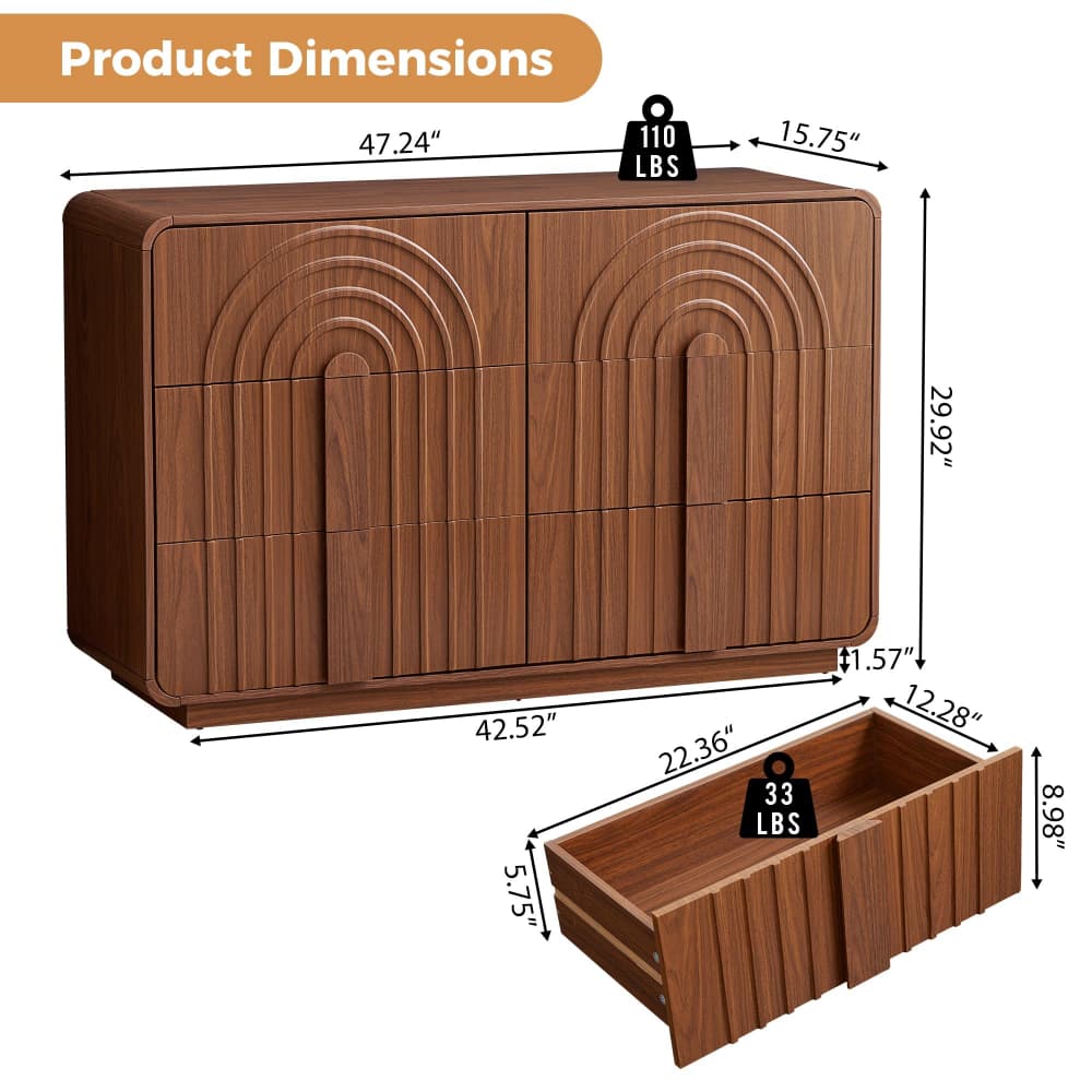 Product dimensions diagram showing a brown wooden cabinet with arched drawer fronts and a separate storage drawer, with labeled measurements and weight icons on a white background.