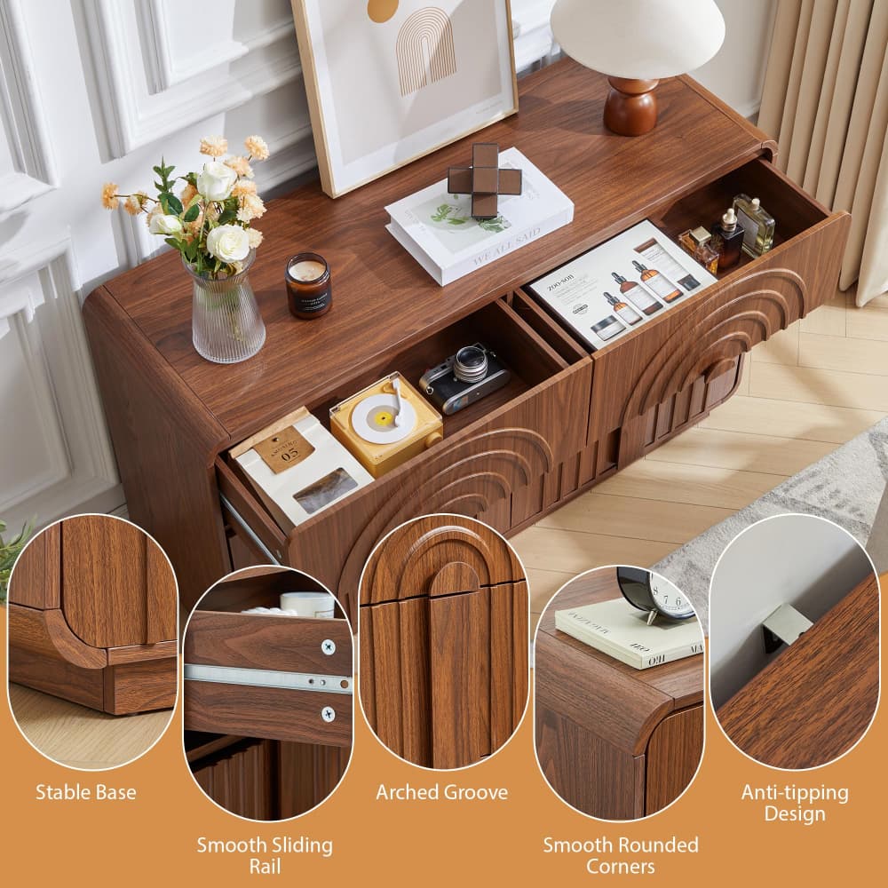 A medium brown wooden sideboard or console cabinet with an open drawer and styled decor on top, shown in a home interior. The image includes five circular detail callouts at the bottom highlighting features such as a stable base, smooth sliding rail, arched groove, smooth rounded corners, and anti-tipping design.