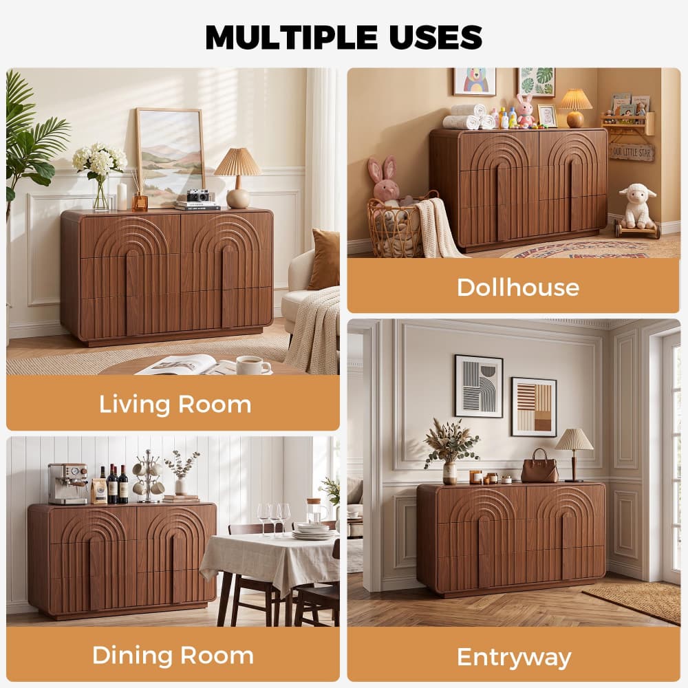 A 2x2 collage showing a brown wooden sideboard or credenza in four home settings: Living Room, Dollhouse, Dining Room, and Entryway. The top header reads 'MULTIPLE USES.
