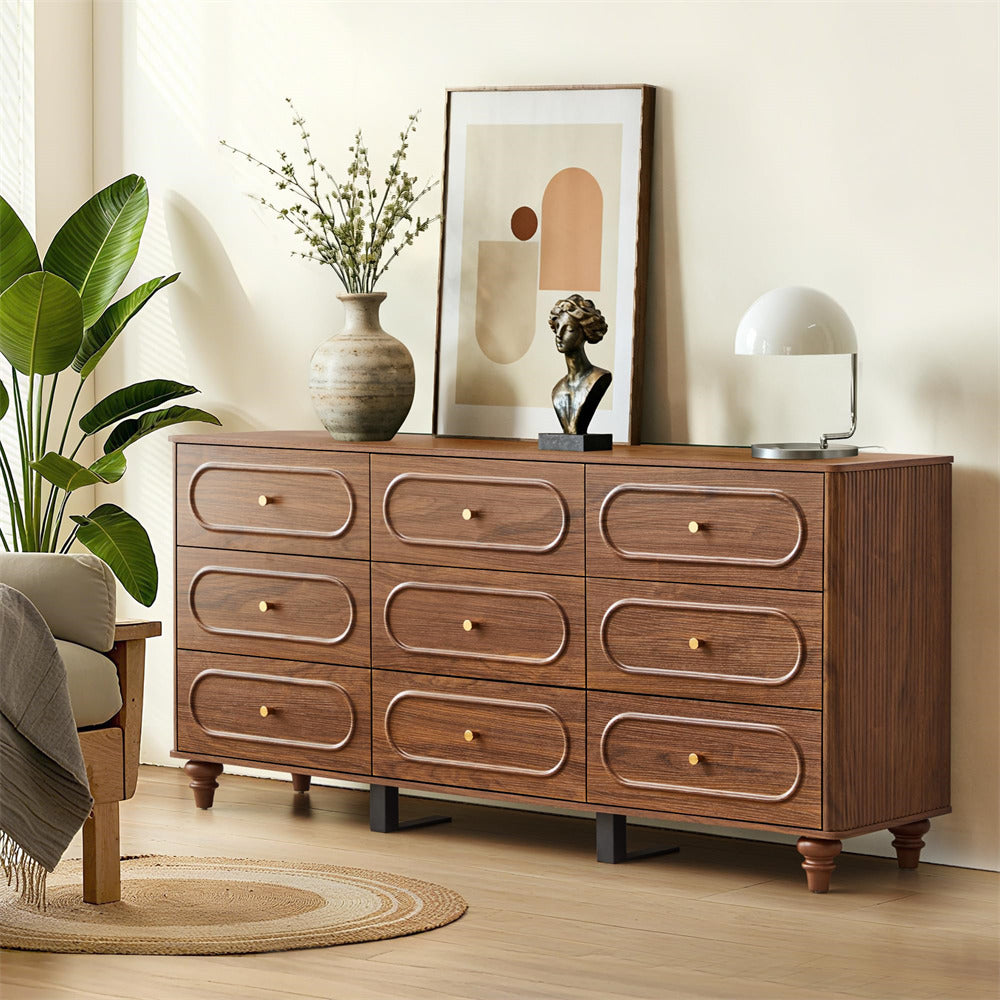 Walnut Mid Century Modern 9 Drawer Fluted Dresser Wood Storage Cabinet