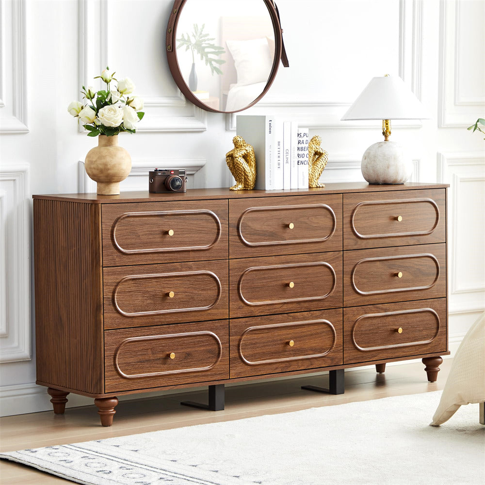Walnut Mid Century Modern 9 Drawer Fluted Dresser Wood Storage Cabinet