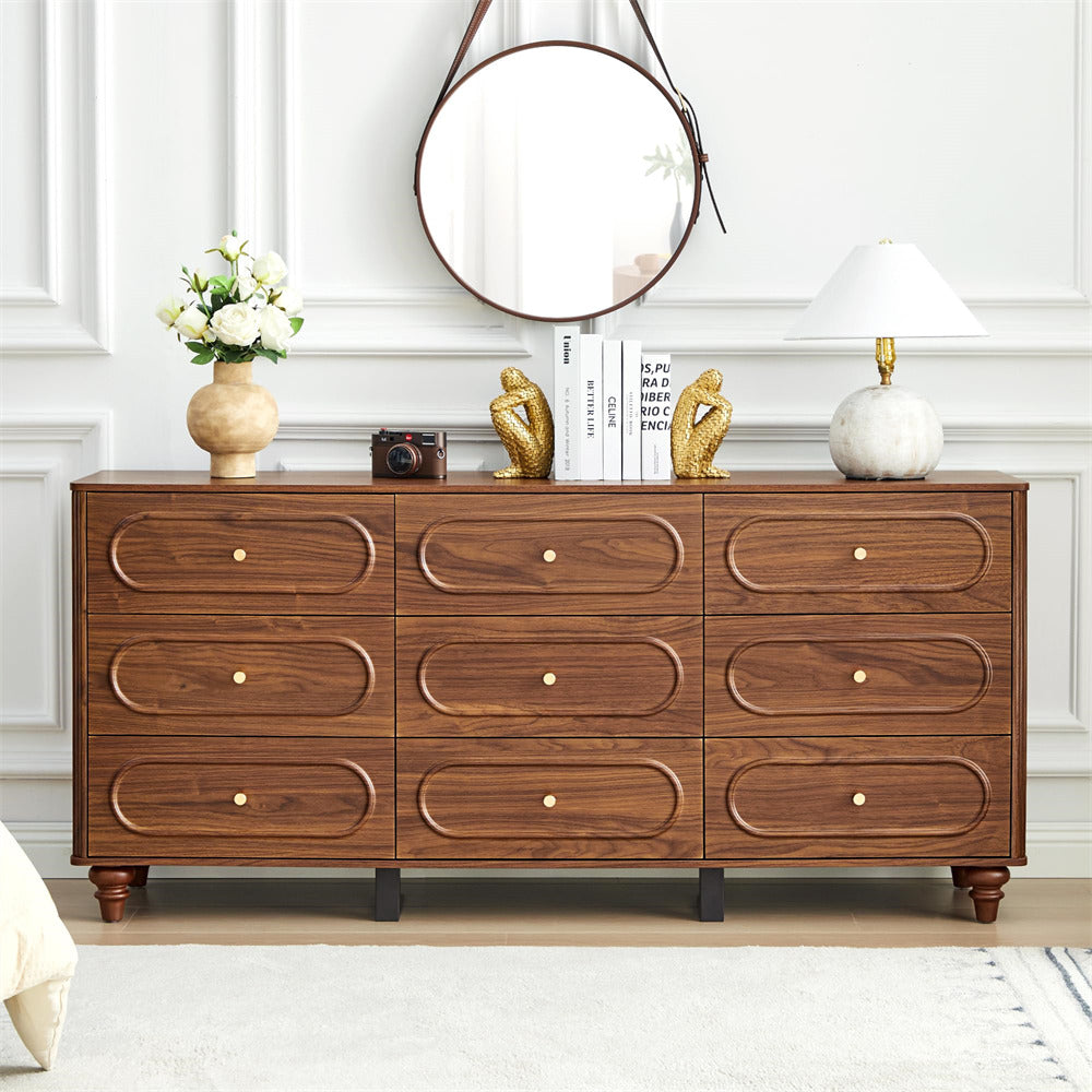 Walnut Mid Century Modern 9 Drawer Fluted Dresser Wood Storage Cabinet