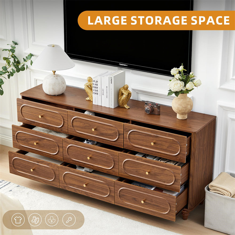 Walnut Mid Century Modern 9 Drawer Fluted Dresser Wood Storage Cabinet