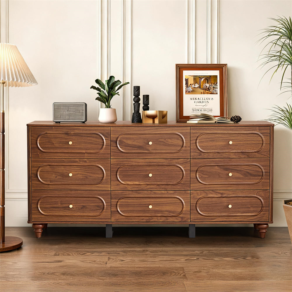 Walnut Mid Century Modern 9 Drawer Fluted Dresser Wood Storage Cabinet