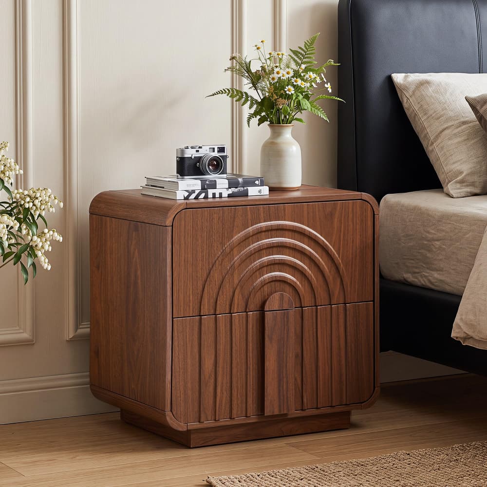 Walnut Mid Century Modern Arched Fluted Design Nightstand with 2 Drawers