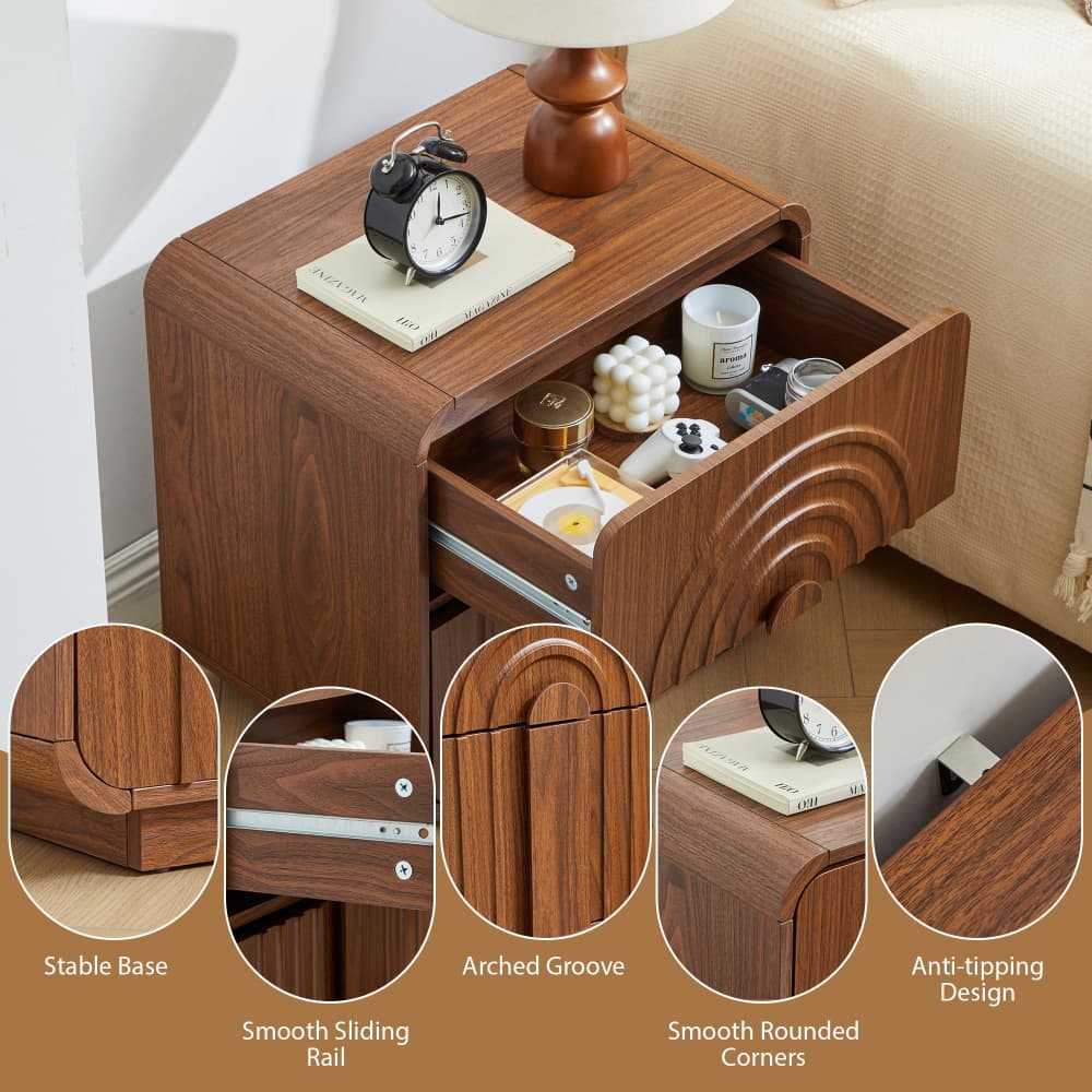 Walnut Mid Century Modern Arched Fluted Design Nightstand with 2 Drawers
