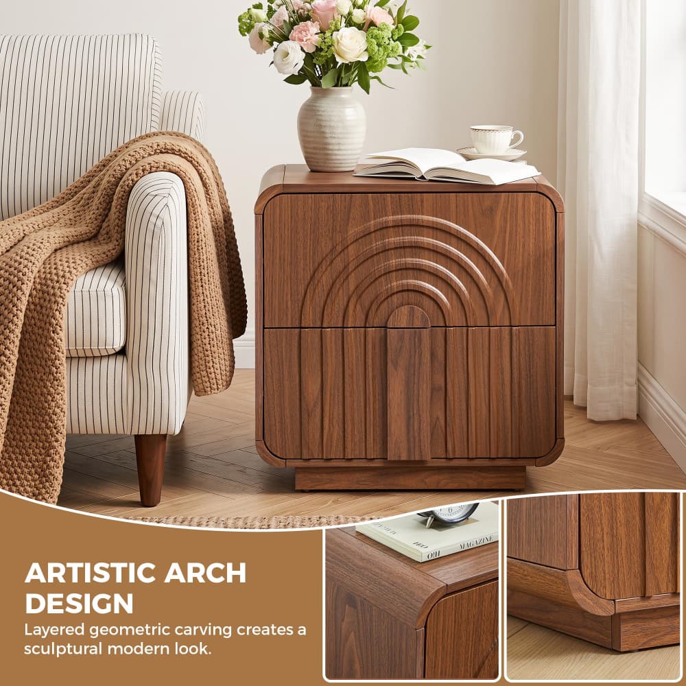 Walnut Mid Century Modern Arched Fluted Design Nightstand with 2 Drawers