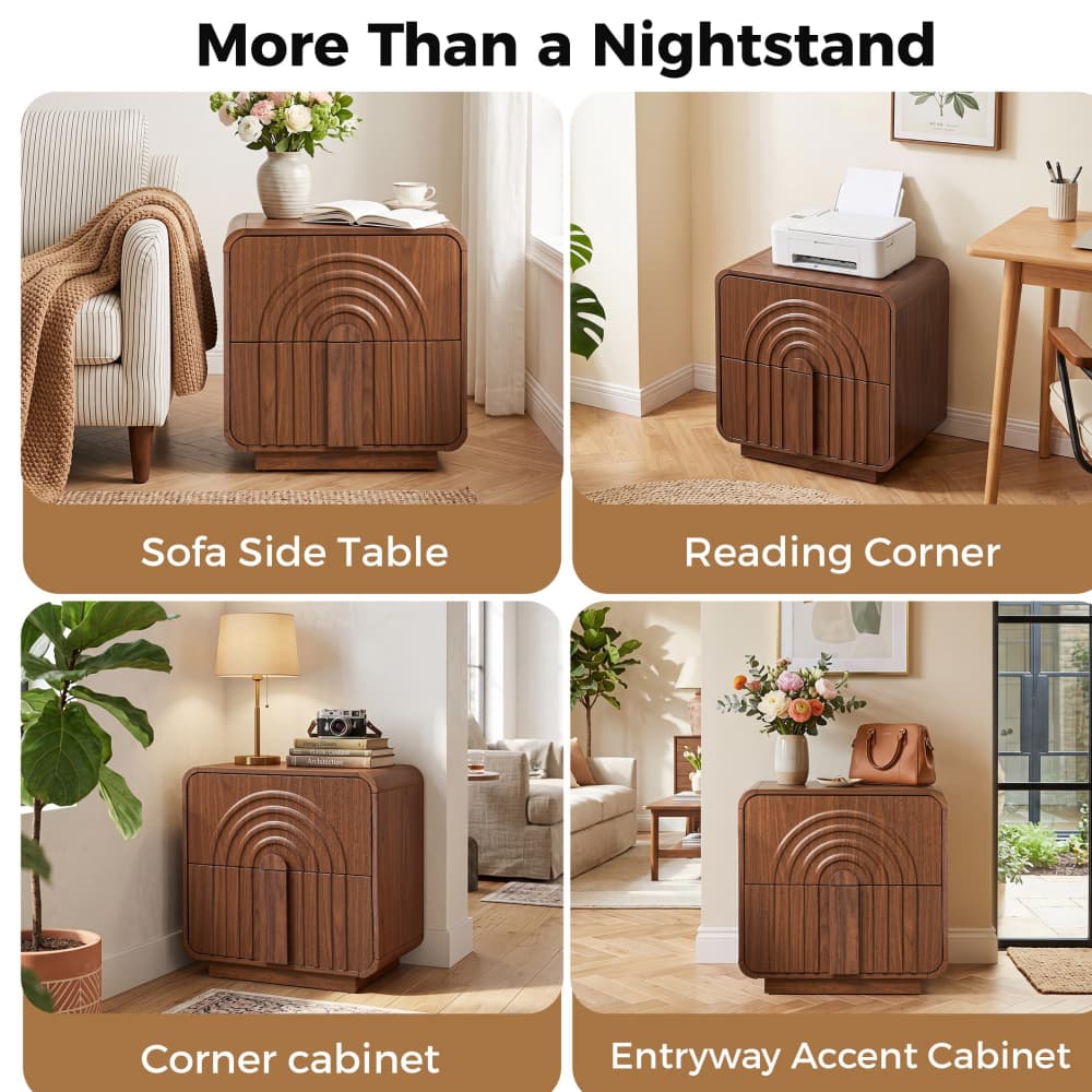 Walnut Mid Century Modern Arched Fluted Design Nightstand with 2 Drawers