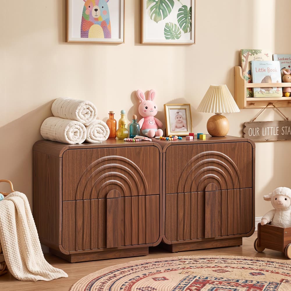 Set of 2 Walnut Mid Century Modern Arched Fluted Design Nightstand with 2 Drawers