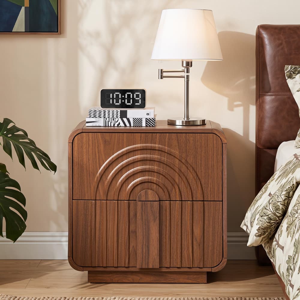 Walnut Mid Century Modern Arched Fluted Design Nightstand with 2 Drawers