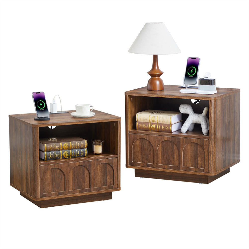 Two wooden nightstands with various items on a white background