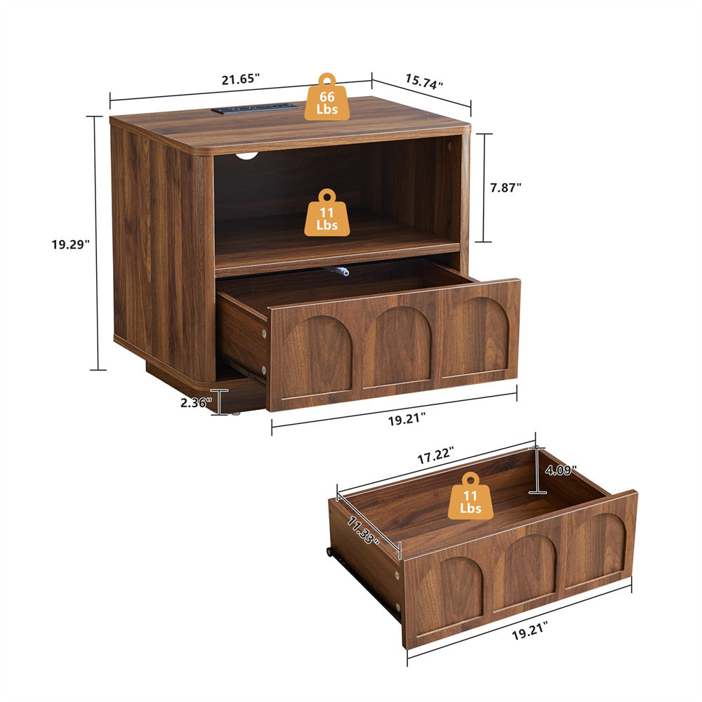 Wooden storage unit with dimensions and weight indicators on a white background
