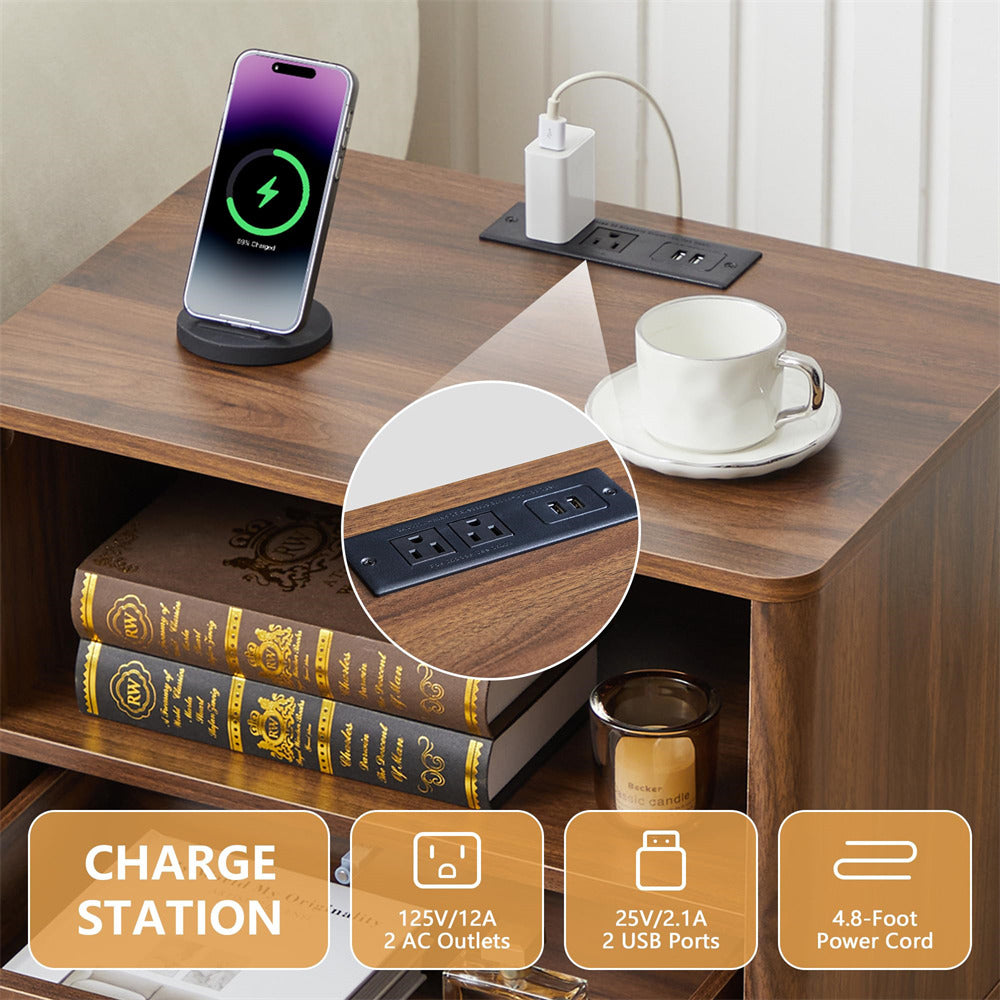 Wooden desk with a phone on a stand, books, and a cup of coffee with a close-up of the power station.