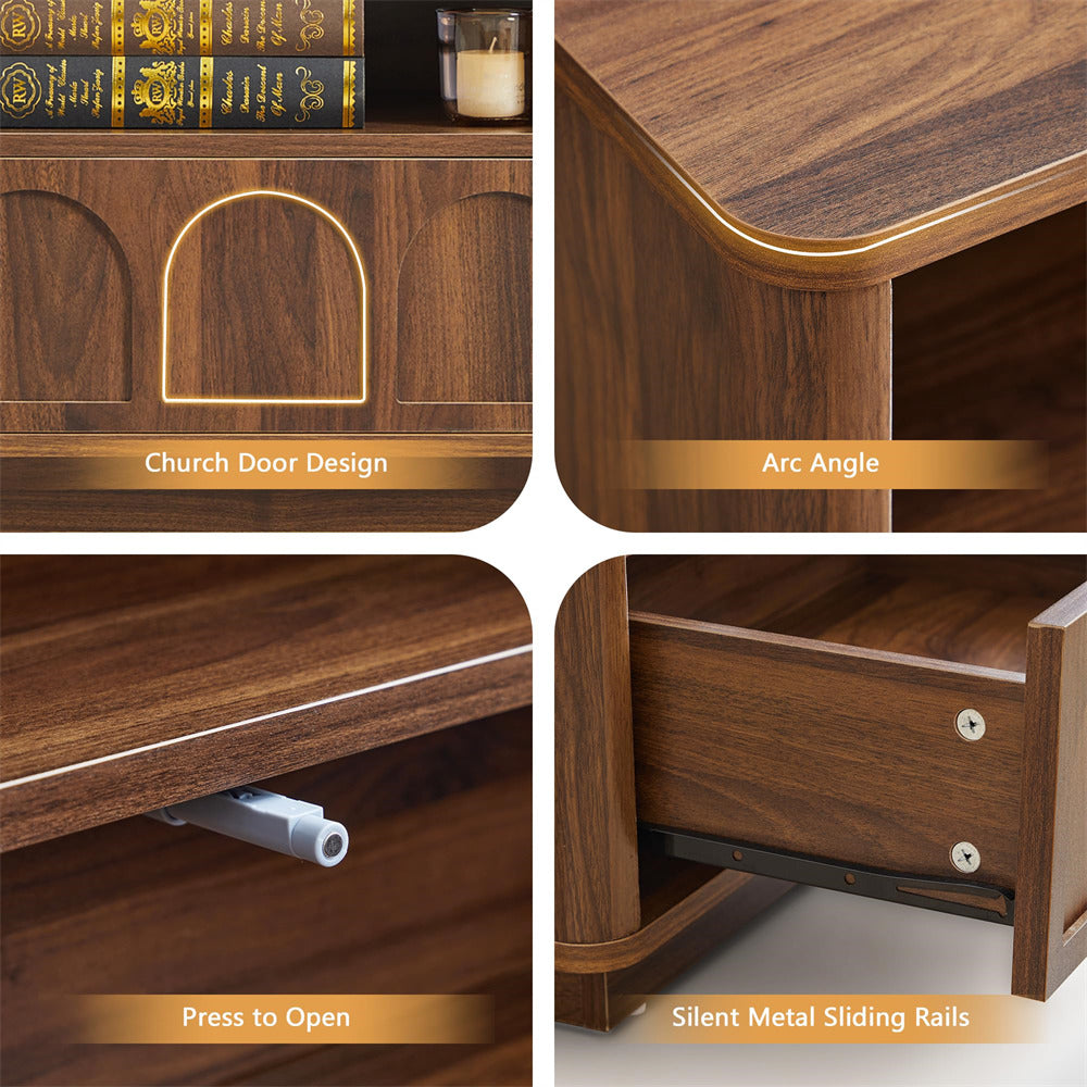 Wooden furniture with features labeled including 'Church Door Design', 'Arc Angle', 'Press to Open', and 'Silent Metal Sliding Rails'.