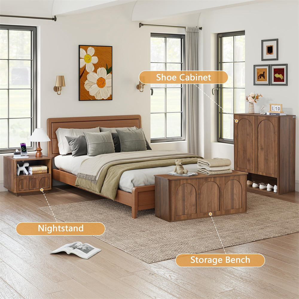 Bedroom with wooden furniture including a bed, nightstand, shoe cabinet, and storage bench.