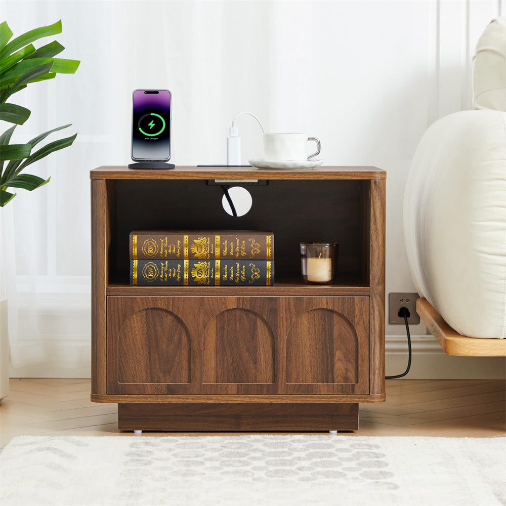 Walnut Mid Century Modern Bedroom Small Nightstand Side Table with Charging Station
