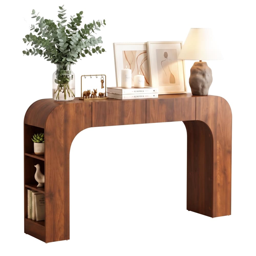 Walnut Mid Century Modern Curved Narrow Entryway Arch Console Table with Side Shelves