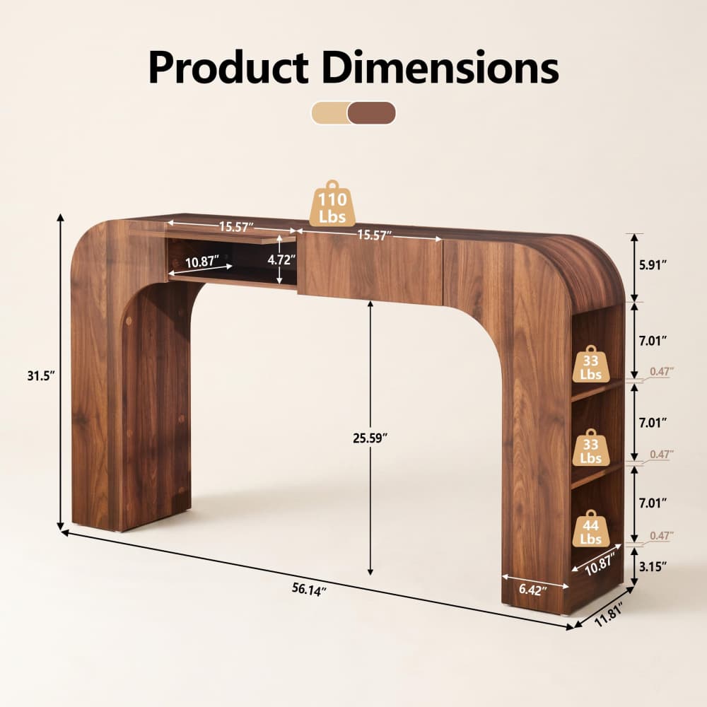 Product dimensions diagram of a dark brown wooden console table with arch legs and open side shelves, showing measurements, weight capacity, and labeled dimensions on a light beige background.
