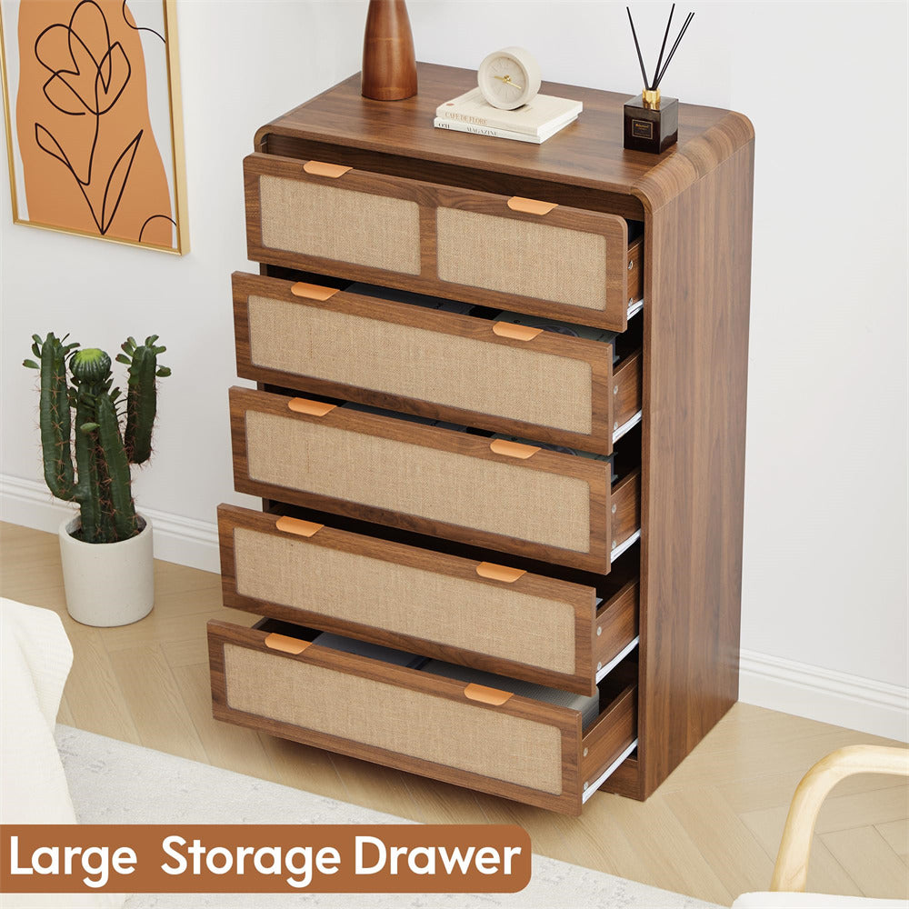 Wooden dresser with multiple drawers in a room setting