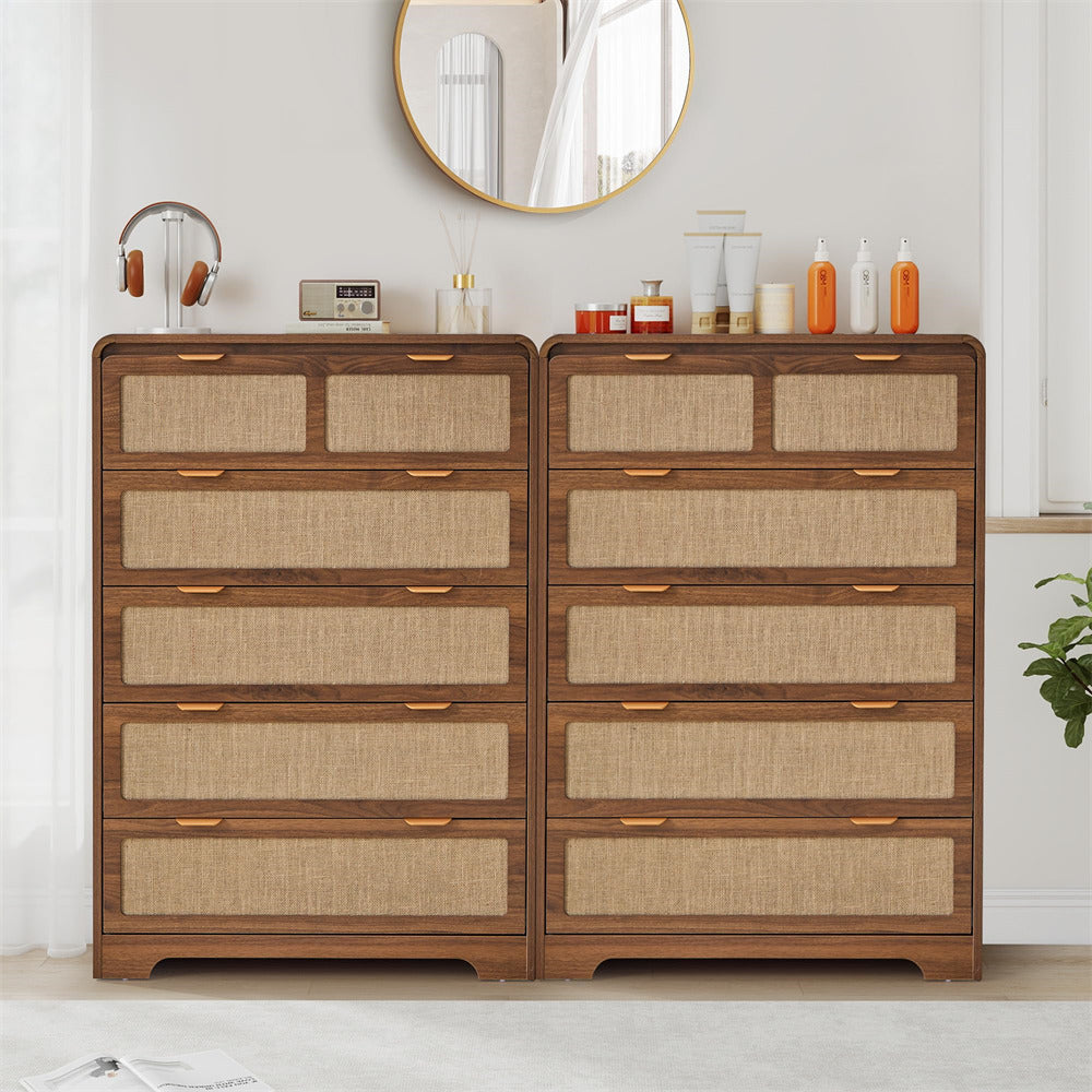 Wooden 5 drawer dressers with woven texture in a room setting