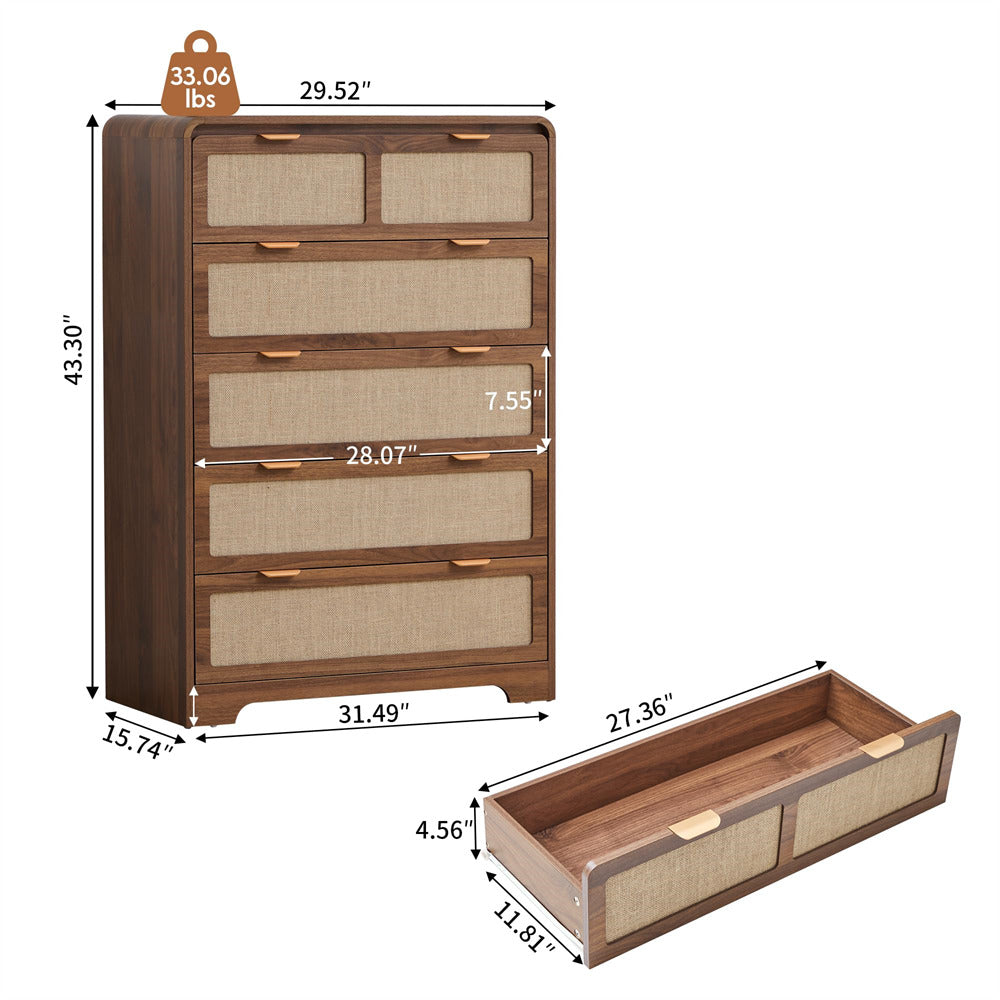 Wooden 5 drawer dressers with dimensions and weight label on a white background