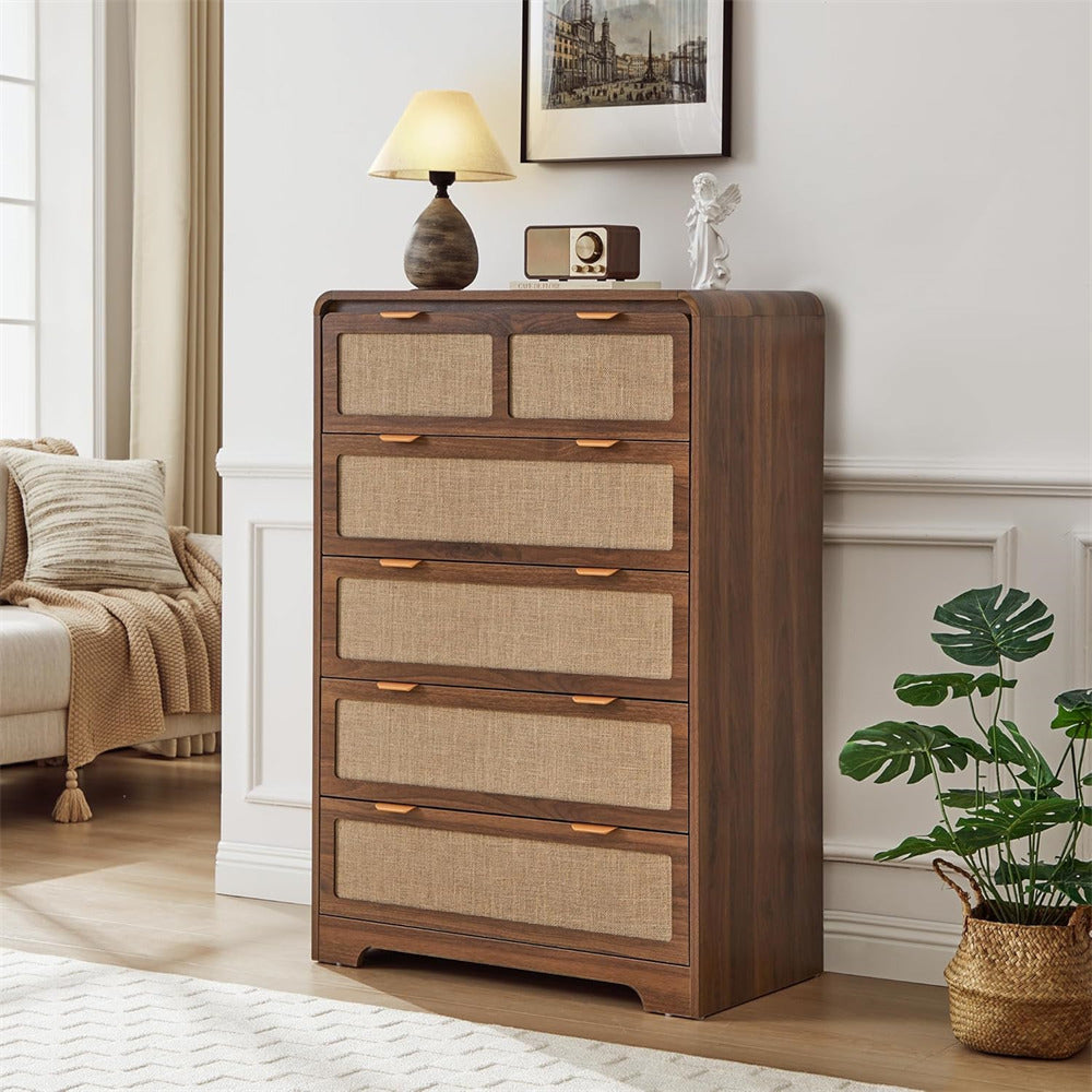 Wooden dresser with fabric drawers in a living room setting