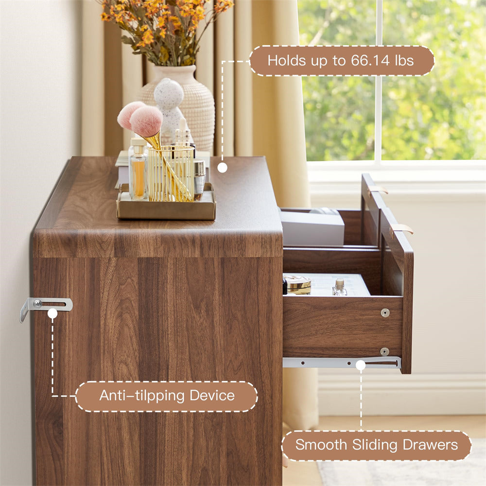 Wooden desk with open drawer, anti-tilling device highlighted, and text indicating weight capacity.