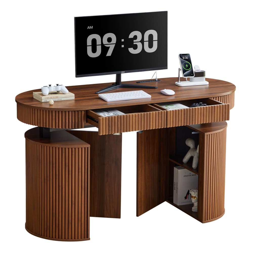 A modern curved wooden computer desk with ribbed panel details, shown with a monitor, keyboard, mouse, phone stand, and storage compartments on a plain white background.