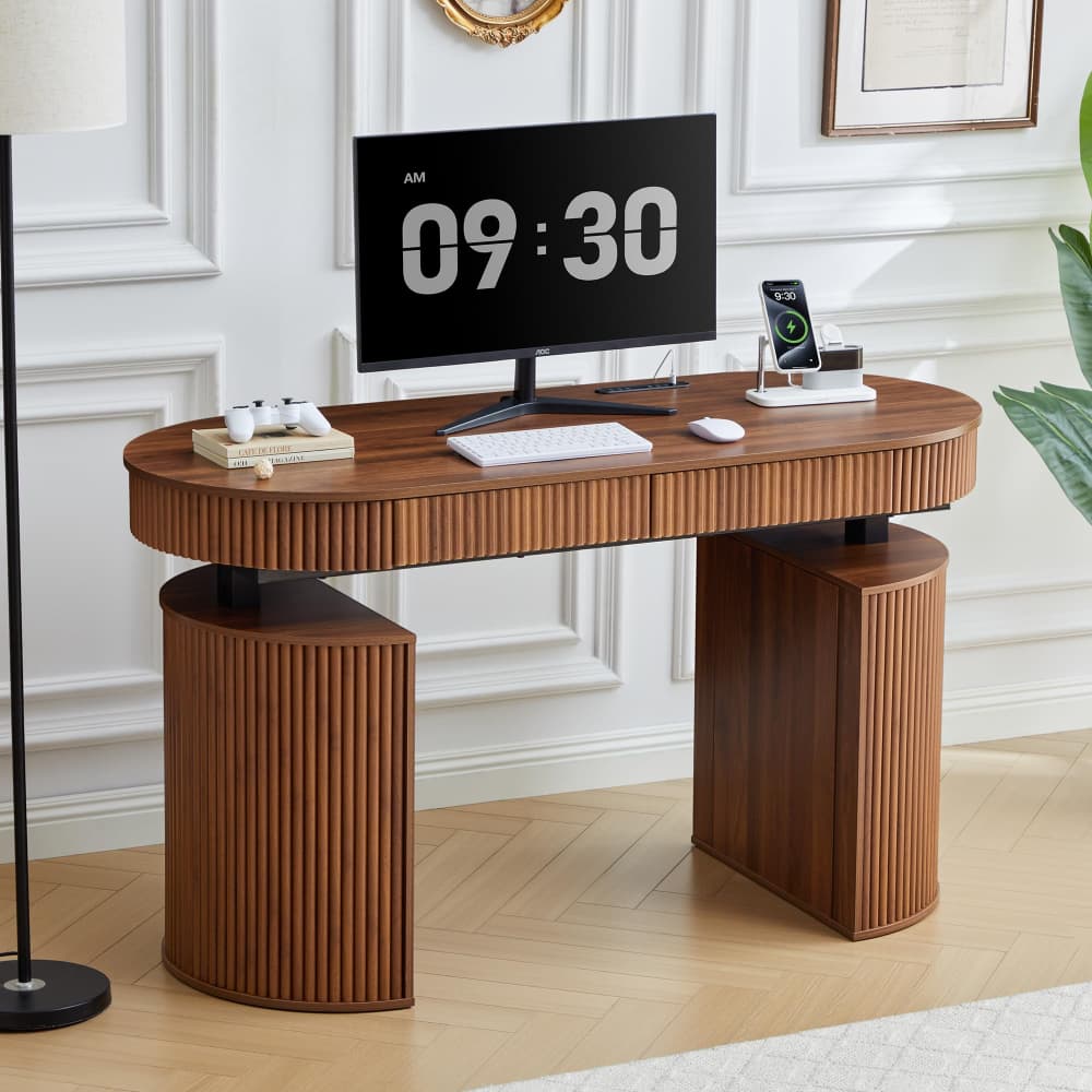 Walnut Mid Century Modern Fluted Electric Standing Desk with Storage and USB & Type-C Charging Ports