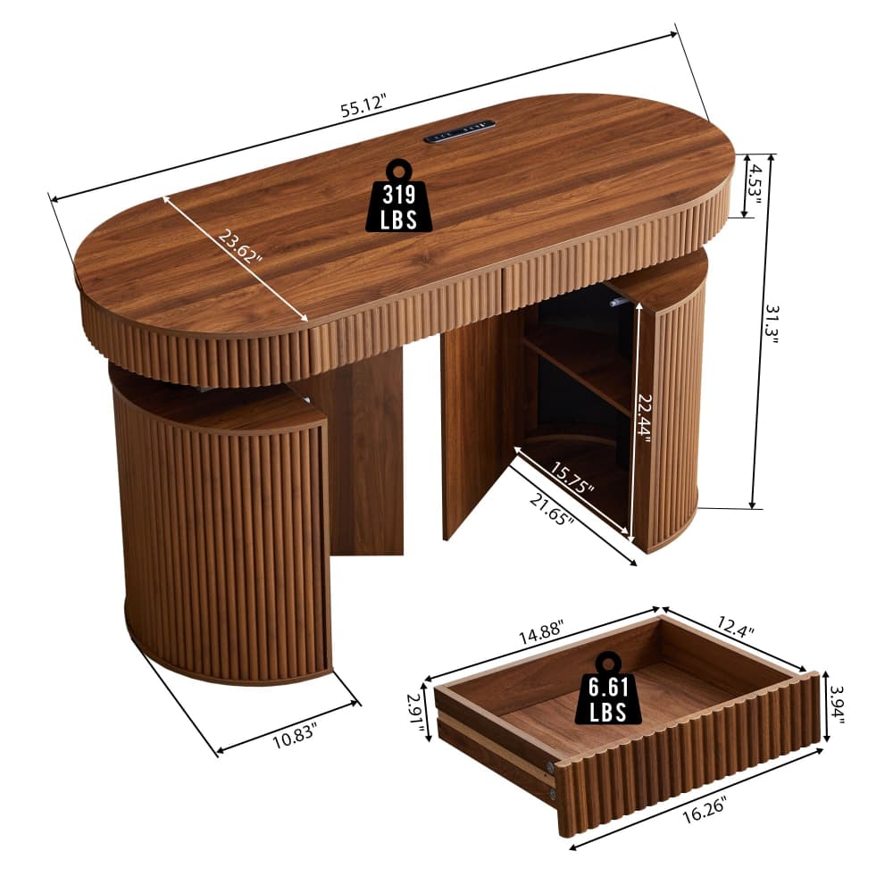 Walnut Mid Century Modern Fluted Electric Standing Desk with Storage and USB & Type-C Charging Ports