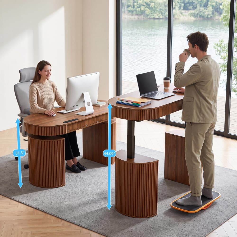 Walnut Mid Century Modern Fluted Electric Standing Desk with Storage and USB & Type-C Charging Ports