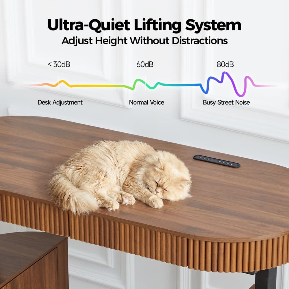 A fluffy cream-colored cat sleeps peacefully on a wooden table with an electronic remote control nearby. The image features a graphic overlay explaining the 'Ultra-Quiet Lifting System' with decibel levels and labels, set against a clean white paneled wall background.