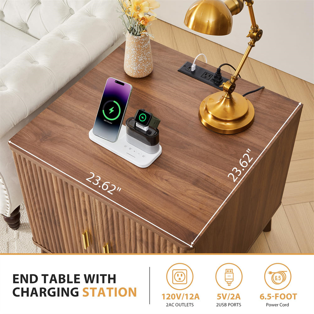 Wooden end table with charging station, phone, and smartwatch on a living room setting.
